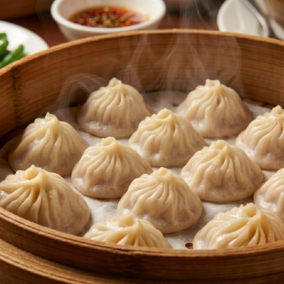 Steaming hot soup dumplings (xiao long bao) in a bamboo steamer basket, with dipping sauce and green beans.