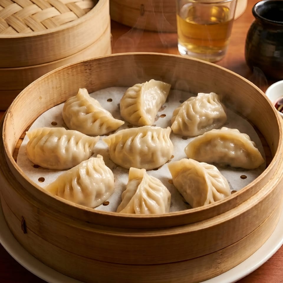 Steaming bamboo basket filled with freshly cooked dumplings, with tea and sauce in the background.