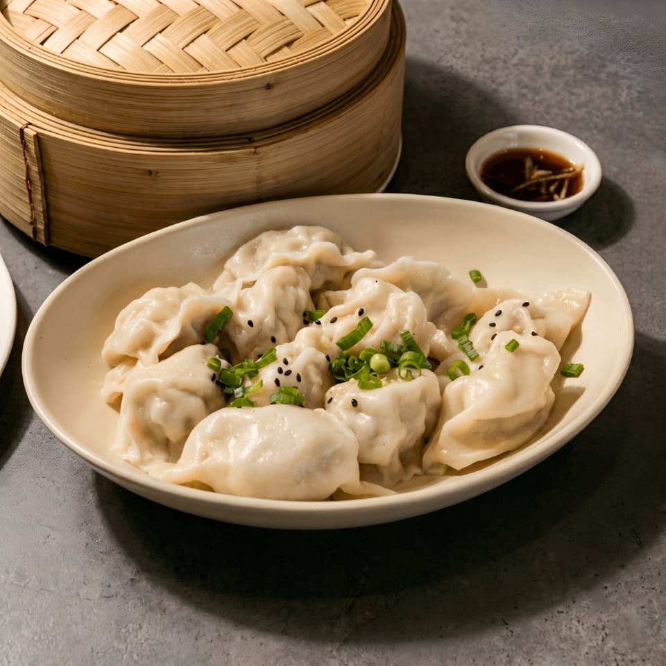Plate of dumplings topped with green onions and sesame seeds, with bamboo steamers and soy sauce.