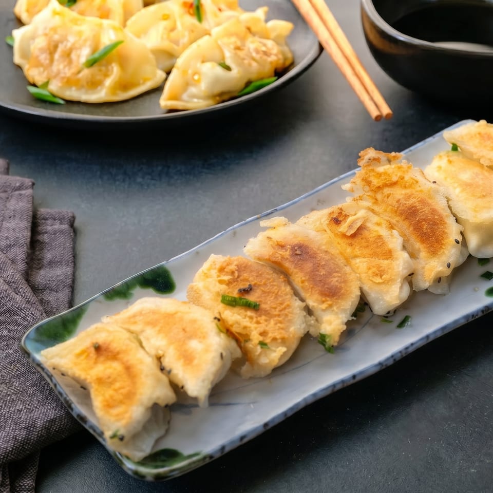 Two plates of golden-brown pan-fried dumplings with dipping sauce and chopsticks on a dark surface.