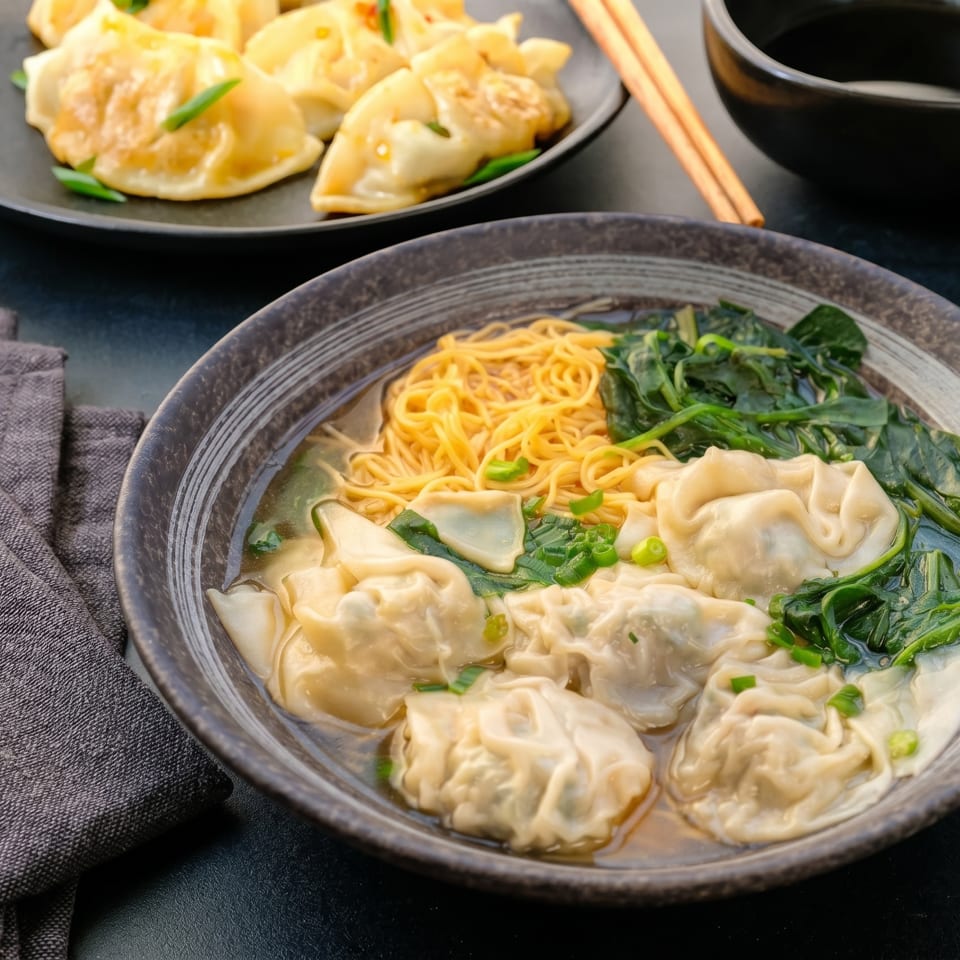 Wonton noodle soup with spinach and a side of pan-fried dumplings and chili oil.