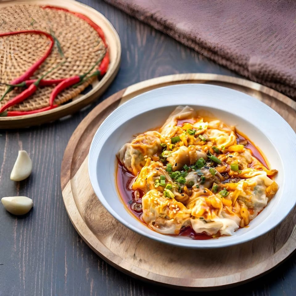 A white bowl of spicy dumplings with chili oil, green onions, and sesame seeds on a wooden tray.