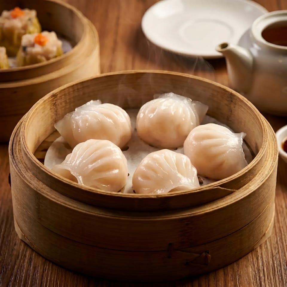 Steaming bamboo basket of translucent shrimp dumplings (Har Gow) on a wooden table with tea.