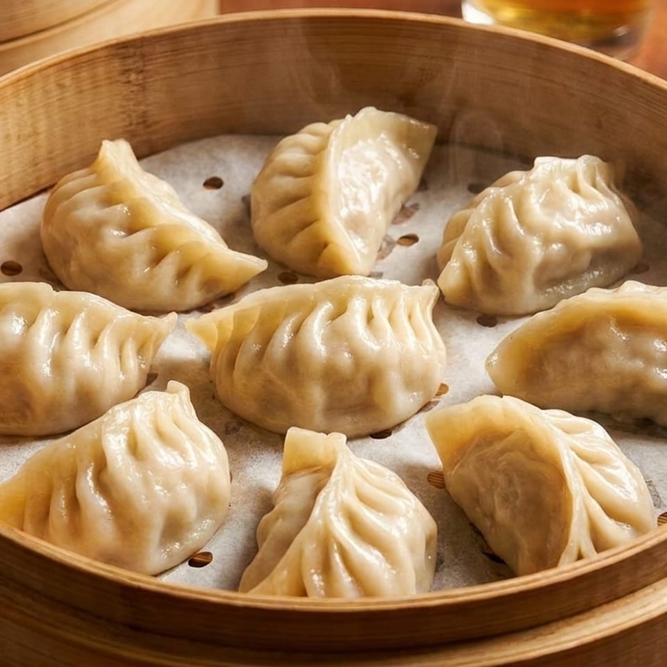 Steaming bamboo basket filled with freshly prepared dumplings on a white plate, with a drink in the background.