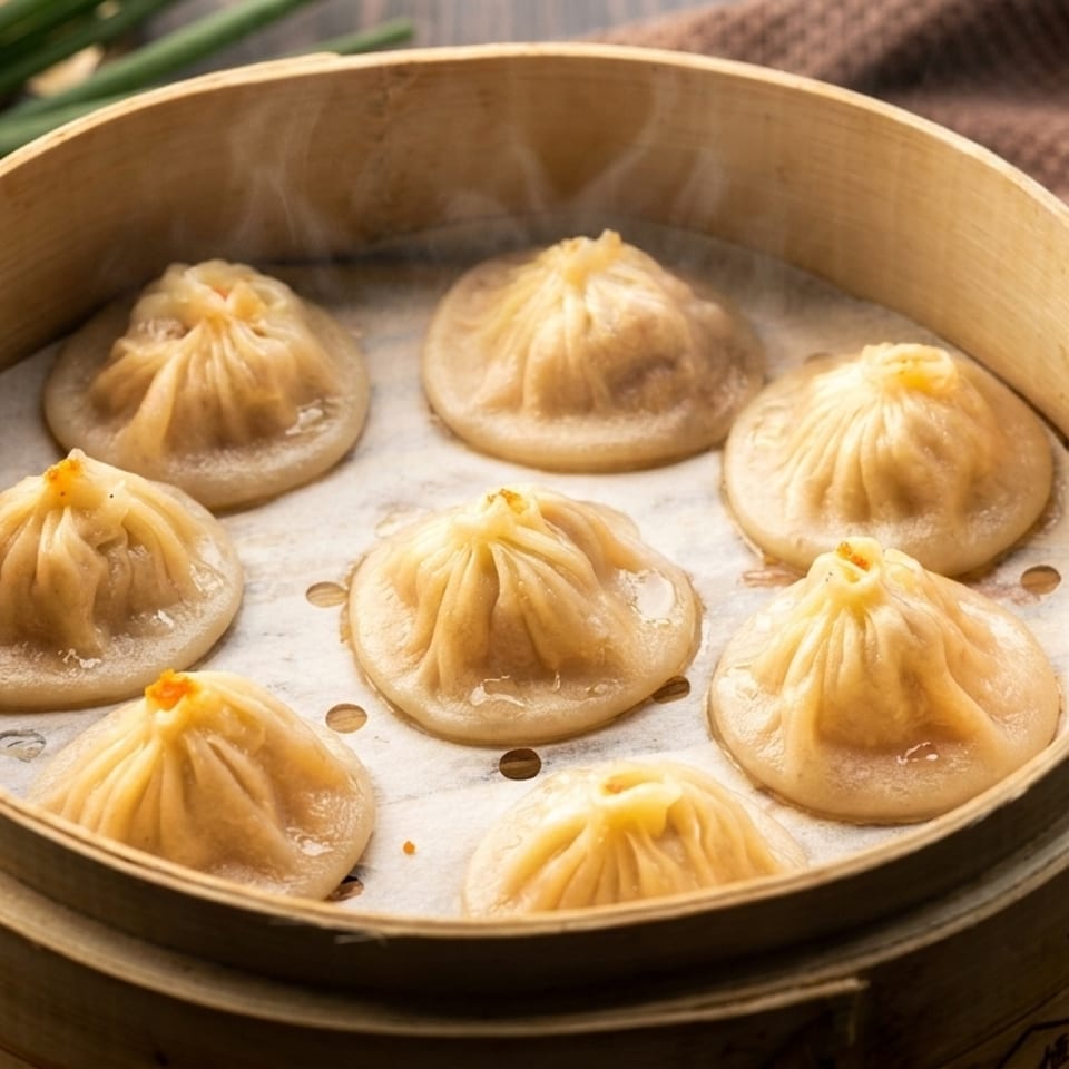 Steaming soup dumplings (xiao long bao) in a bamboo steamer, with green onions in the background.