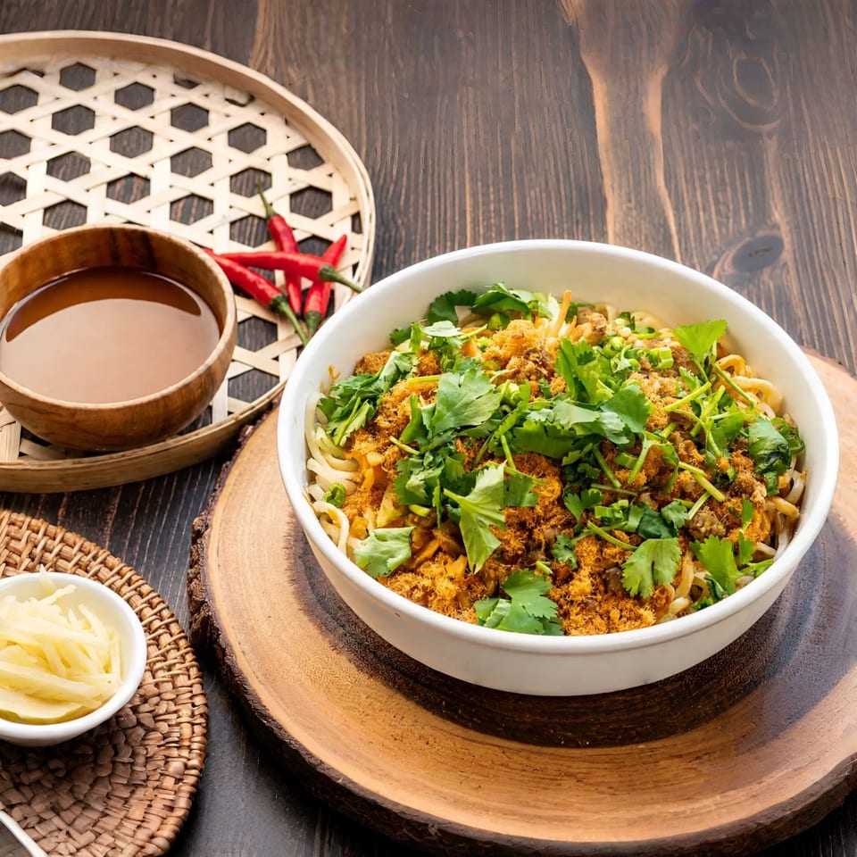 A white bowl of noodles topped with meat floss, cilantro, and green onions on a wooden table.