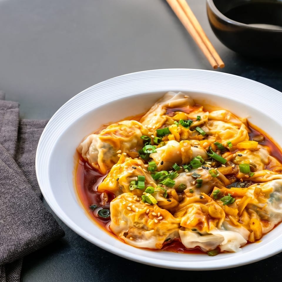 A white bowl filled with dumplings in chili oil, garnished with green onions and sesame seeds.
