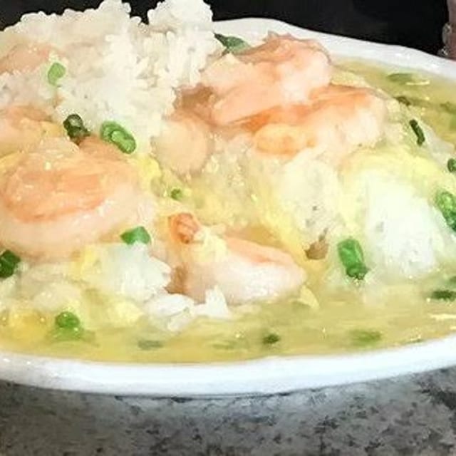 Shrimp and Silky Egg Over Rice.