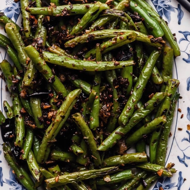 Dry-Braised String Beans Over Rice.